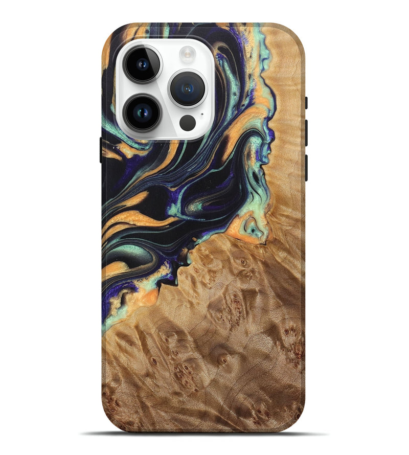 iPhone 15 Pro Max Wood Live Edge Phone Case - Giovanni (Teal & Gold, 724068)