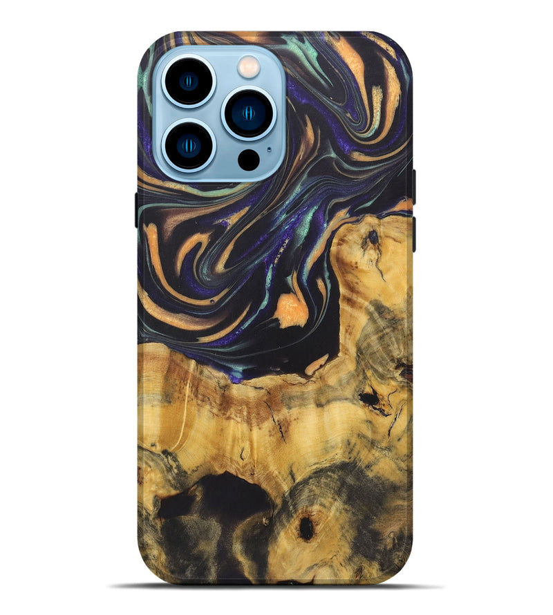 iPhone 14 Pro Max Wood Live Edge Phone Case - Penny (Teal & Gold, 724079)