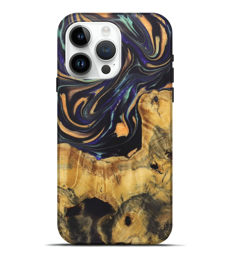 iPhone 15 Pro Max Wood Live Edge Phone Case - Penny (Teal & Gold, 724079)