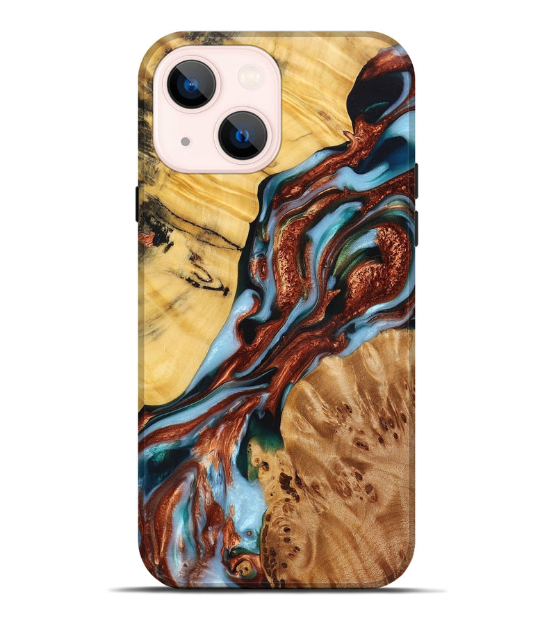 iPhone 14 Plus Wood Live Edge Phone Case - Karissa (Teal & Gold, 724114)