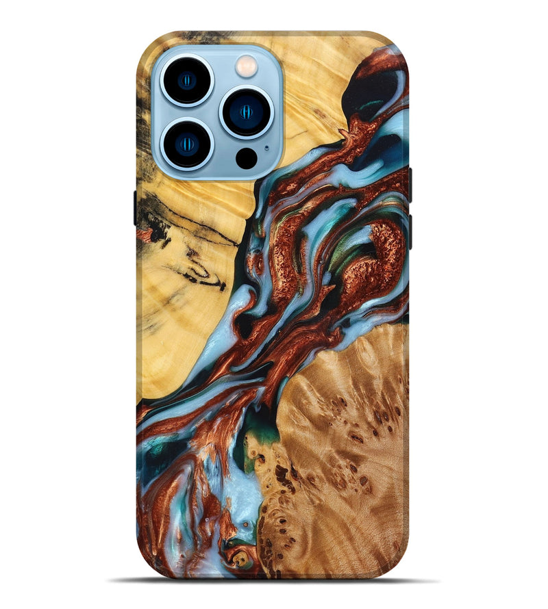 iPhone 14 Pro Max Wood Live Edge Phone Case - Karissa (Teal & Gold, 724114)