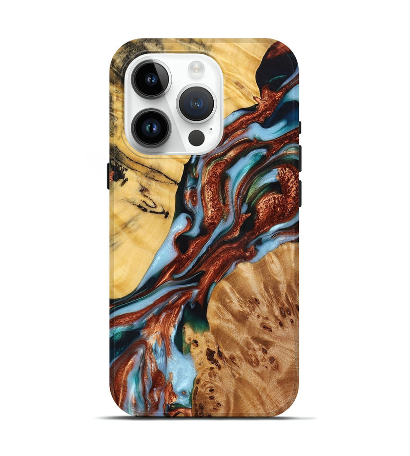 iPhone 15 Pro Wood Live Edge Phone Case - Karissa (Teal & Gold, 724114)