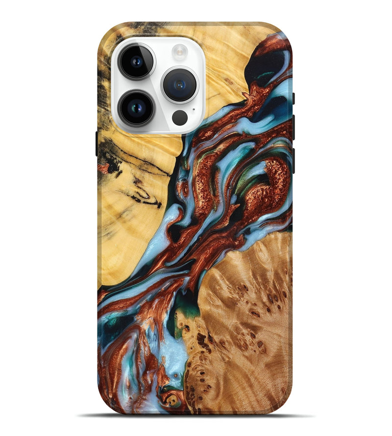 iPhone 15 Pro Max Wood Live Edge Phone Case - Karissa (Teal & Gold, 724114)