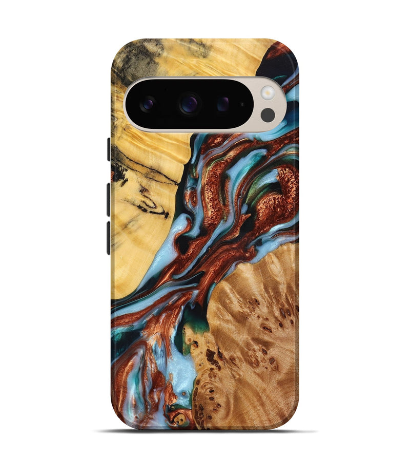 Pixel 9 Wood Live Edge Phone Case - Karissa (Teal & Gold, 724114)