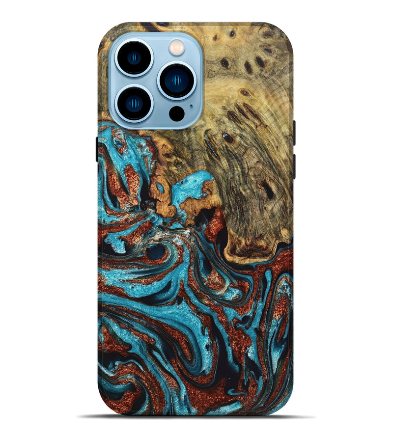 iPhone 14 Pro Max Wood Live Edge Phone Case - Quinton (Teal & Gold, 724123)