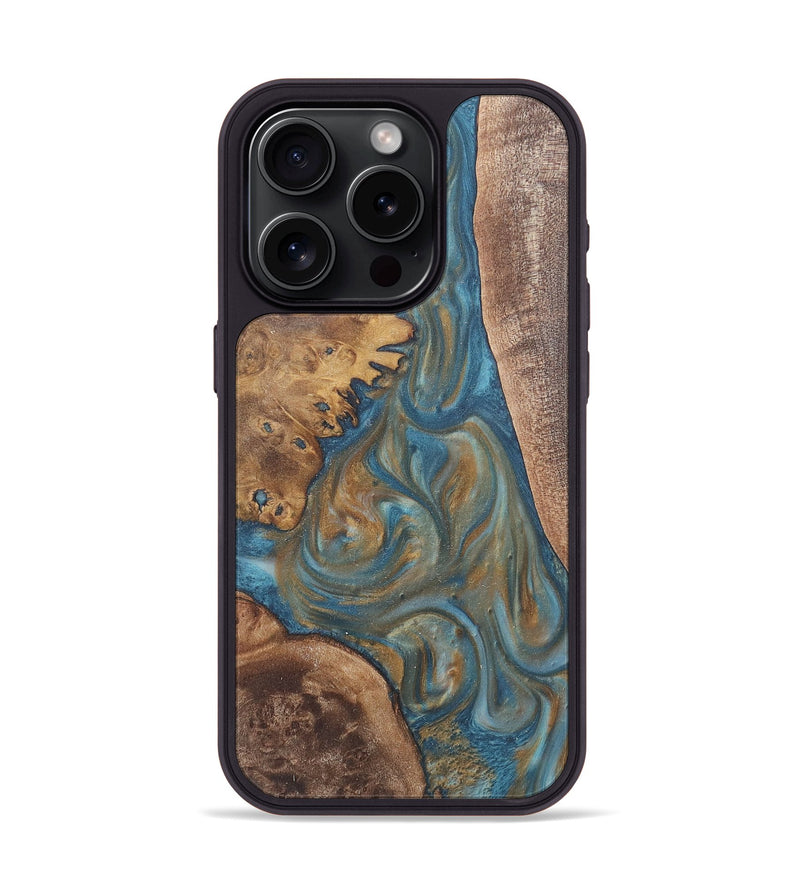 iPhone 15 Pro Wood Phone Case - Ophelia (Teal & Gold, 724214)