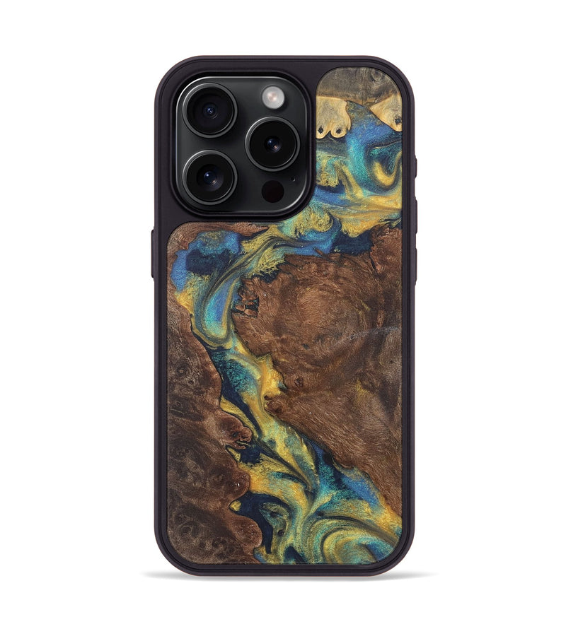 iPhone 15 Pro Wood Phone Case - Arya (Teal & Gold, 724215)