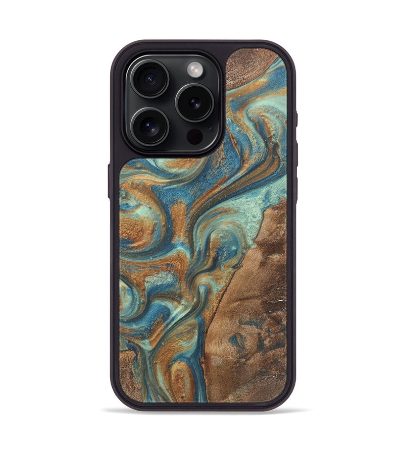 iPhone 15 Pro Wood Phone Case - Rickie (Teal & Gold, 724216)