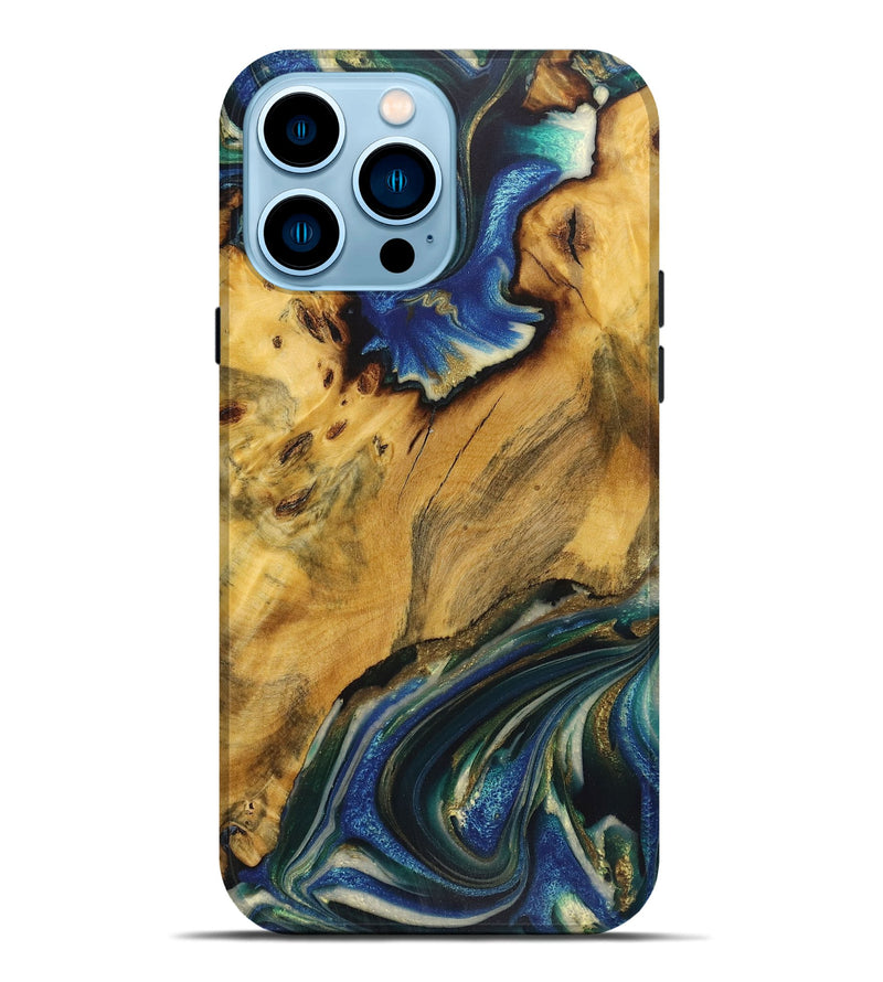 iPhone 14 Pro Max Wood Live Edge Phone Case - Gladys (Teal & Gold, 724259)