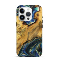 iPhone 15 Pro Wood Live Edge Phone Case - Gladys (Teal & Gold, 724259)