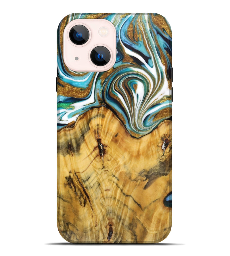 iPhone 14 Plus Wood Live Edge Phone Case - Melody (Teal & Gold, 724260)