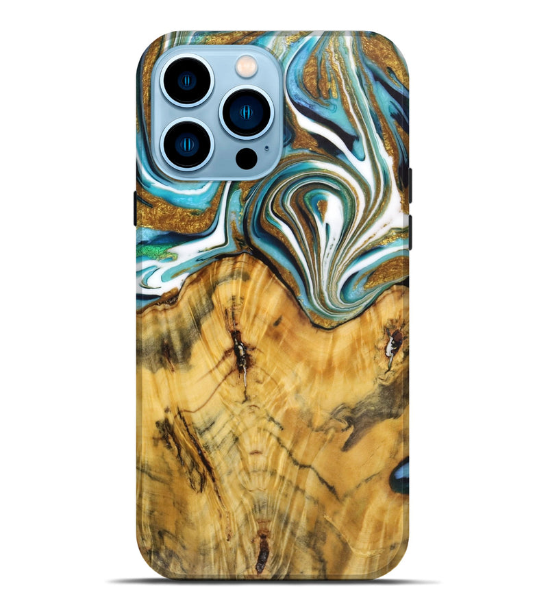 iPhone 14 Pro Max Wood Live Edge Phone Case - Melody (Teal & Gold, 724260)