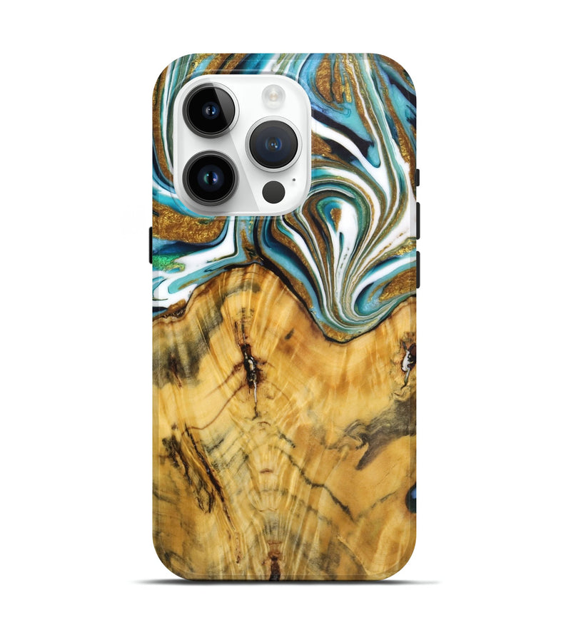 iPhone 15 Pro Wood Live Edge Phone Case - Melody (Teal & Gold, 724260)