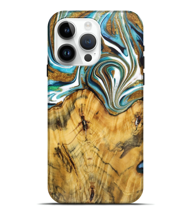 iPhone 15 Pro Max Wood Live Edge Phone Case - Melody (Teal & Gold, 724260)