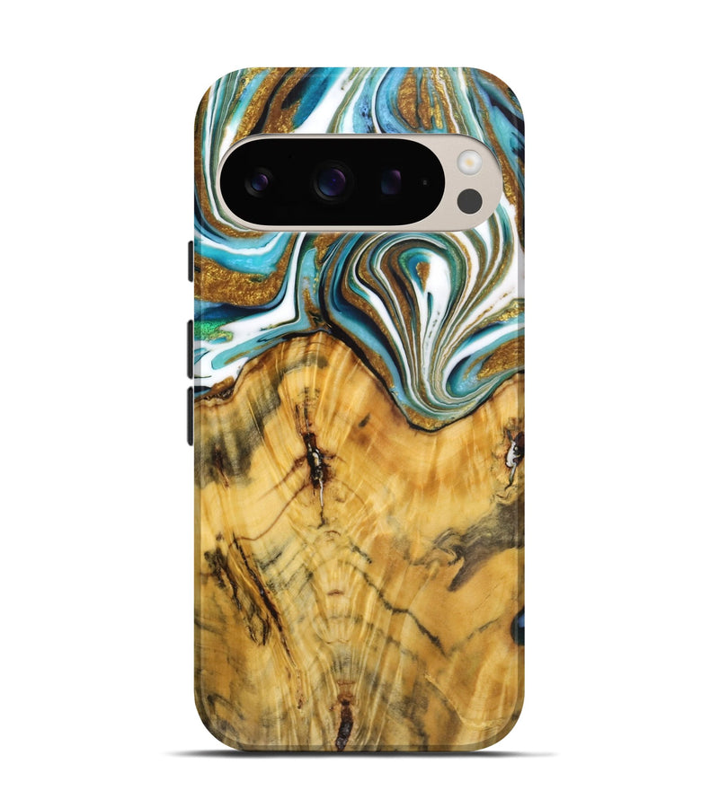 Pixel 9 Wood Live Edge Phone Case - Melody (Teal & Gold, 724260)