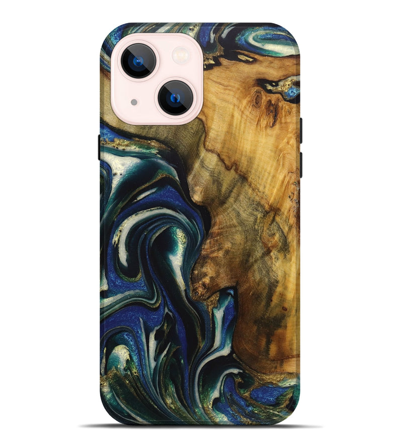 iPhone 14 Plus Wood Live Edge Phone Case - Lainey (Teal & Gold, 724261)