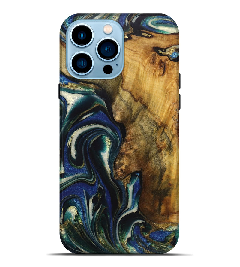 iPhone 14 Pro Max Wood Live Edge Phone Case - Lainey (Teal & Gold, 724261)