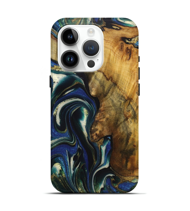 iPhone 15 Pro Wood Live Edge Phone Case - Lainey (Teal & Gold, 724261)