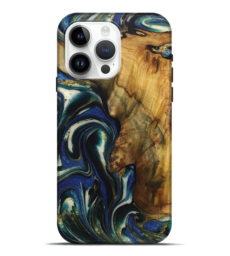 iPhone 15 Pro Max Wood Live Edge Phone Case - Lainey (Teal & Gold, 724261)