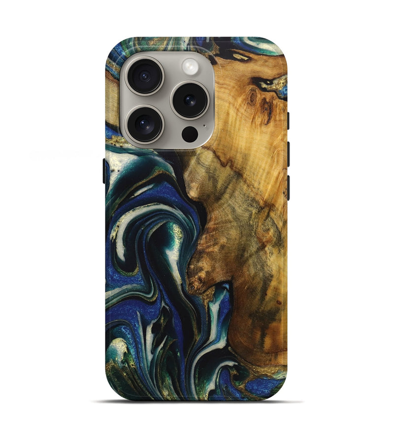 iPhone 16 Pro Wood Live Edge Phone Case - Lainey (Teal & Gold, 724261)