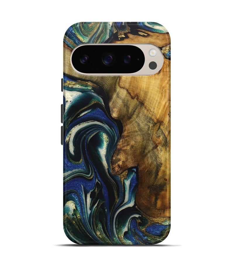 Pixel 9 Wood Live Edge Phone Case - Lainey (Teal & Gold, 724261)