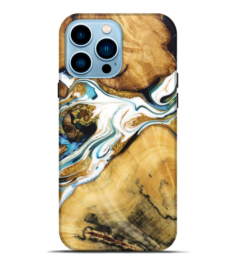 iPhone 14 Pro Max Wood Live Edge Phone Case - Darrell (Teal & Gold, 724263)