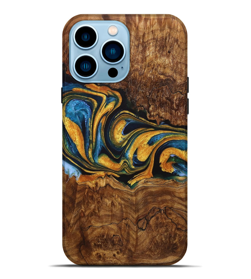 iPhone 14 Pro Max Wood Live Edge Phone Case - Kristi (Teal & Gold, 724265)