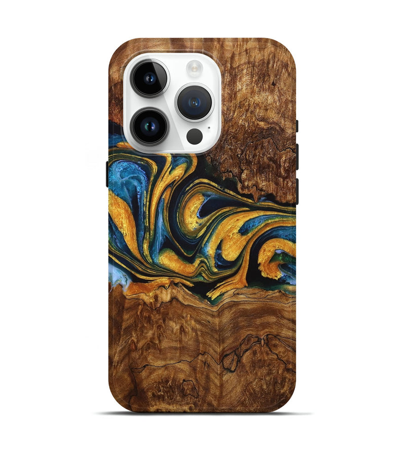 iPhone 15 Pro Wood Live Edge Phone Case - Kristi (Teal & Gold, 724265)