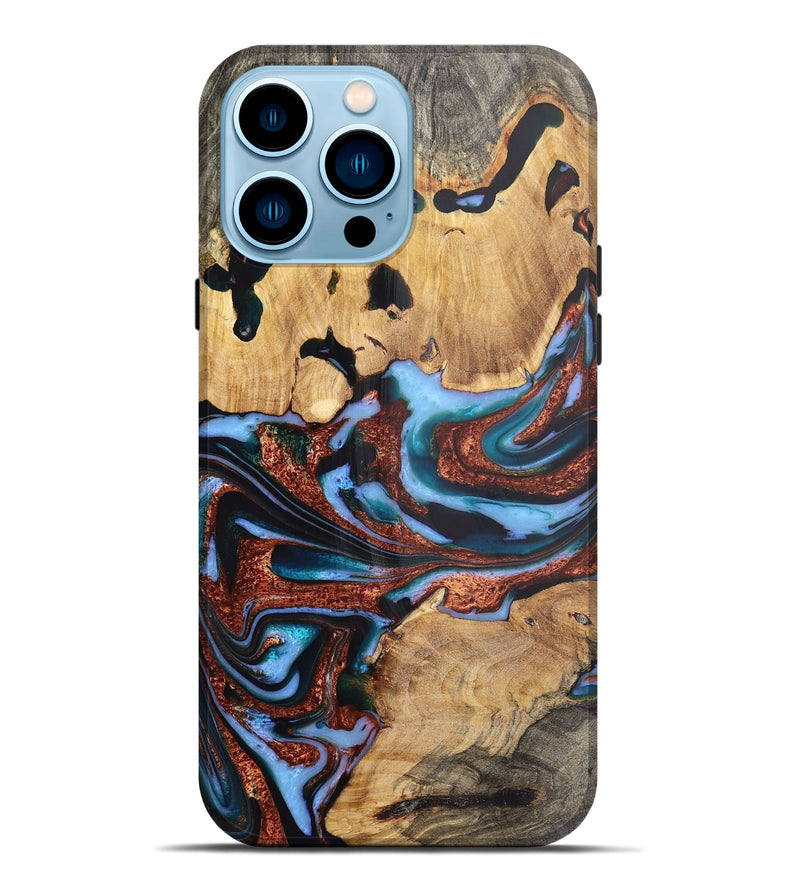 iPhone 14 Pro Max Wood Live Edge Phone Case - Zachary (Teal & Gold, 724270)