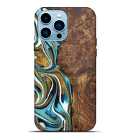 iPhone 14 Pro Max Wood Live Edge Phone Case - Martha (Teal & Gold, 724273)