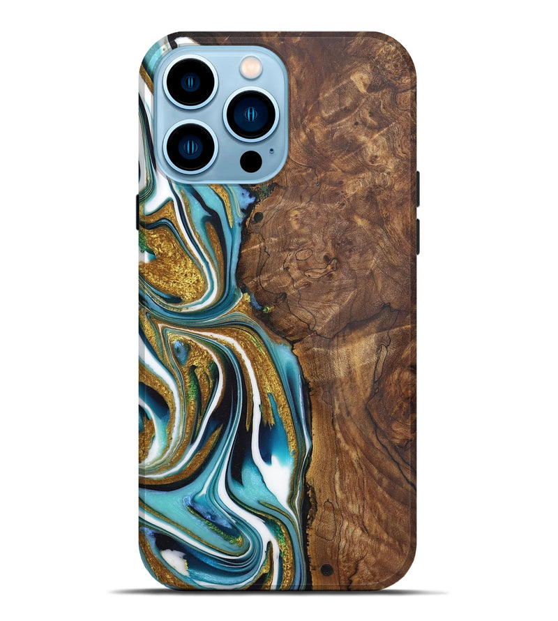 iPhone 14 Pro Max Wood Live Edge Phone Case - Martha (Teal & Gold, 724273)