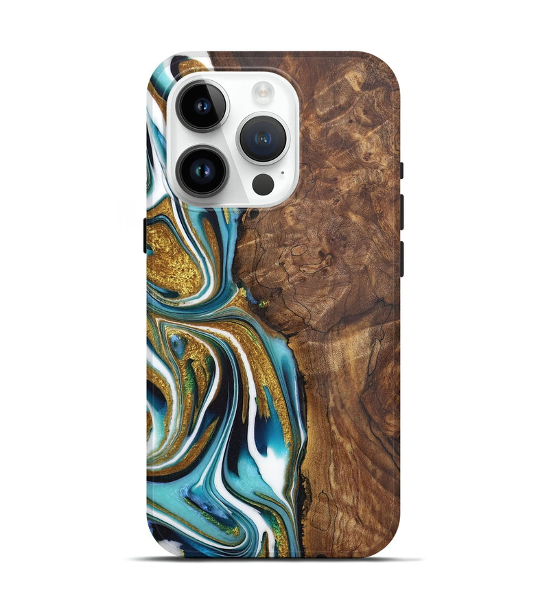 iPhone 15 Pro Wood Live Edge Phone Case - Martha (Teal & Gold, 724273)