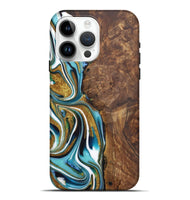 iPhone 15 Pro Max Wood Live Edge Phone Case - Martha (Teal & Gold, 724273)