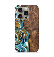 iPhone 16 Pro Wood Live Edge Phone Case - Martha (Teal & Gold, 724273)