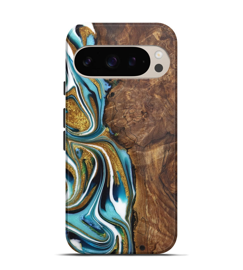 Pixel 9 Wood Live Edge Phone Case - Martha (Teal & Gold, 724273)