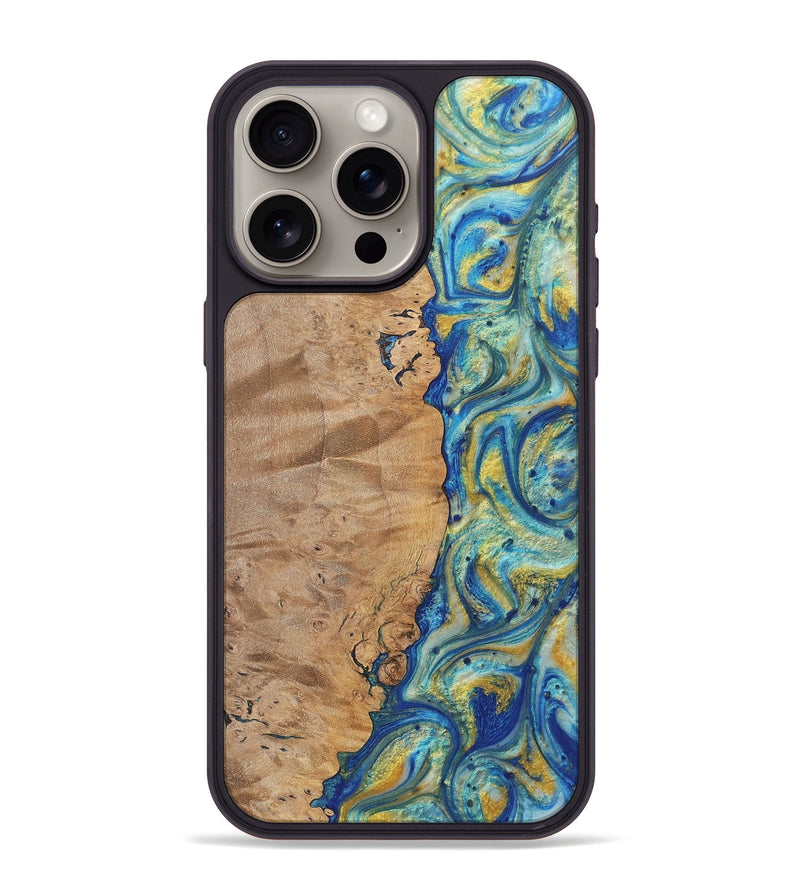 iPhone 15 Pro Max Wood Phone Case - Jesse (Teal & Gold, 724776)