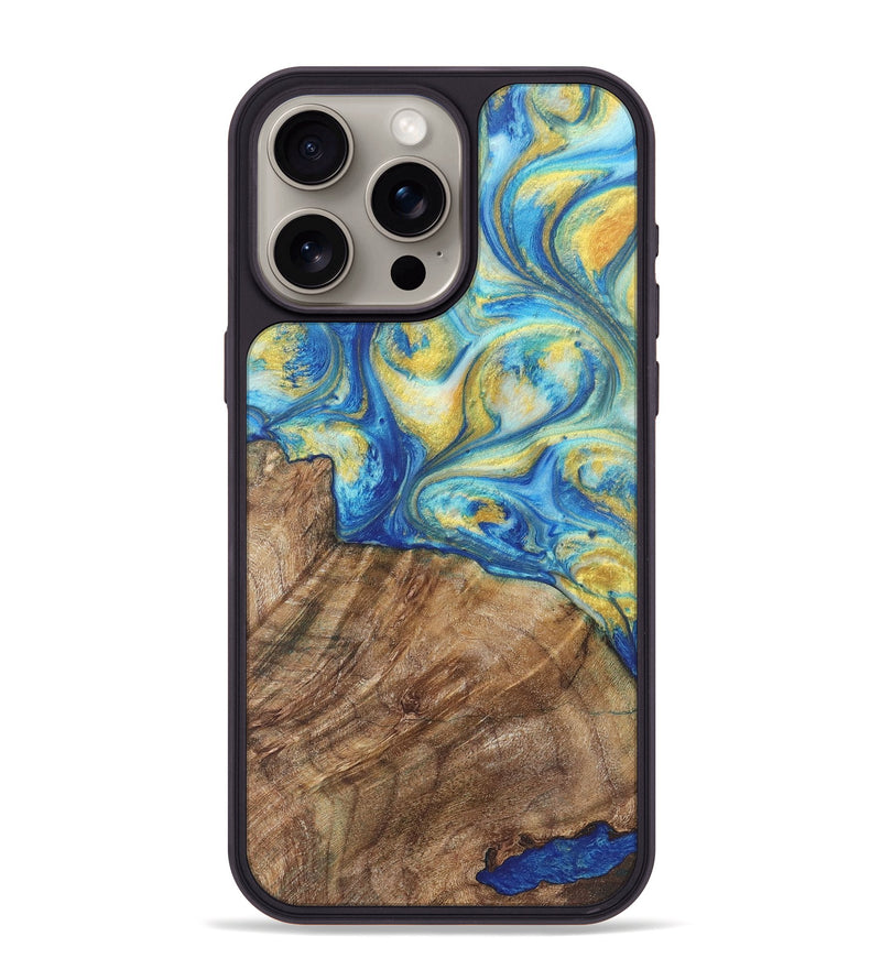 iPhone 15 Pro Max Wood Phone Case - Francine (Teal & Gold, 724777)