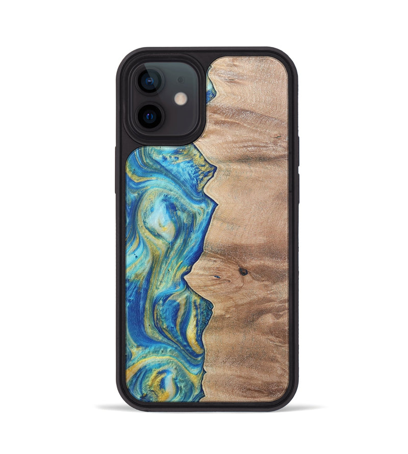 iPhone 12 Wood Phone Case - Presley (Teal & Gold, 724778)