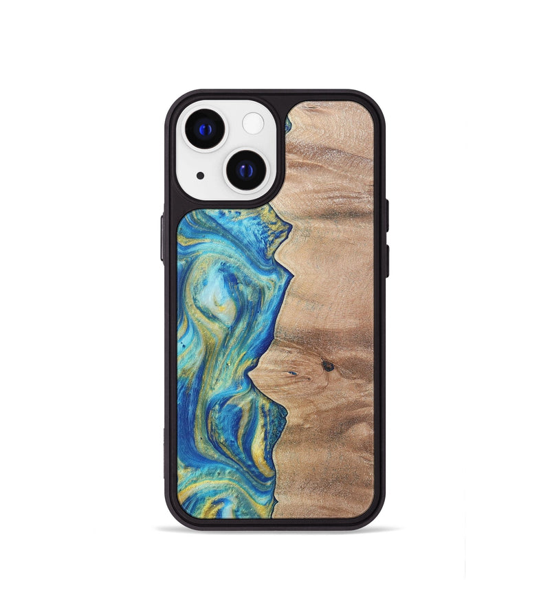 iPhone 13 mini Wood Phone Case - Presley (Teal & Gold, 724778)