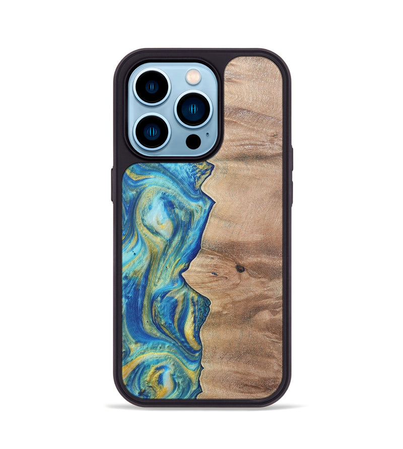 iPhone 14 Pro Wood Phone Case - Presley (Teal & Gold, 724778)