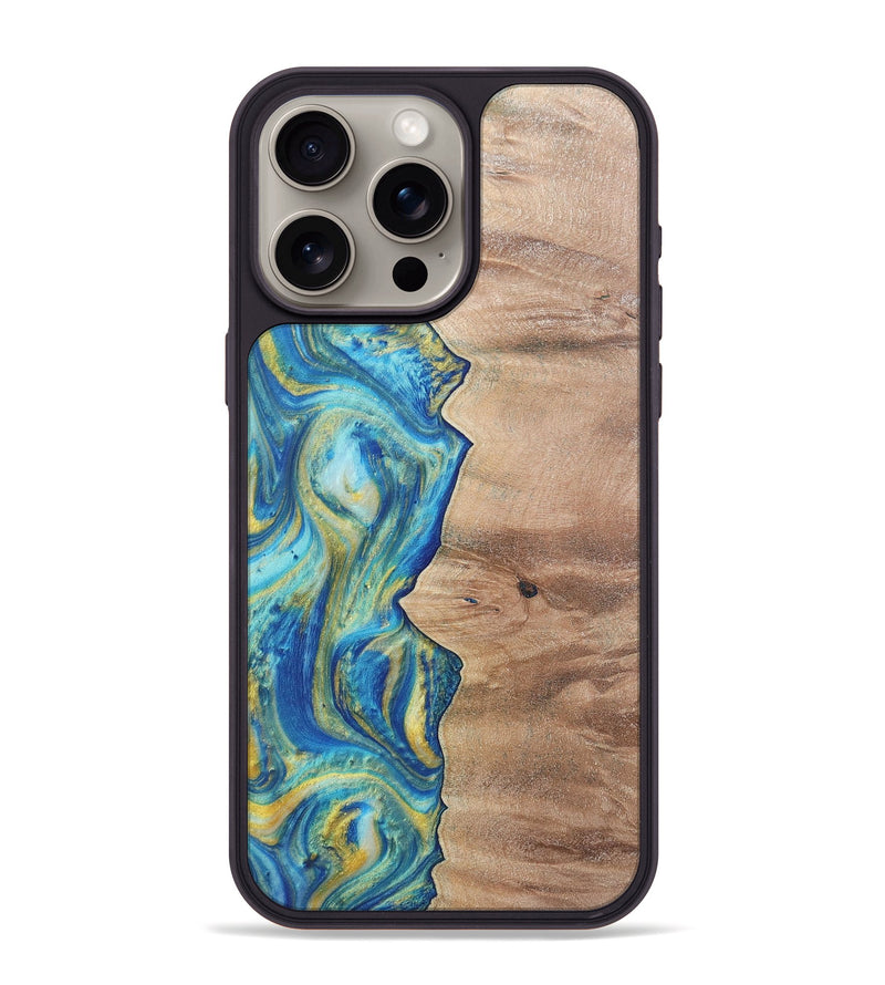 iPhone 15 Pro Max Wood Phone Case - Presley (Teal & Gold, 724778)