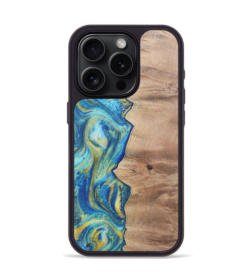 iPhone 15 Pro Wood Phone Case - Presley (Teal & Gold, 724778)