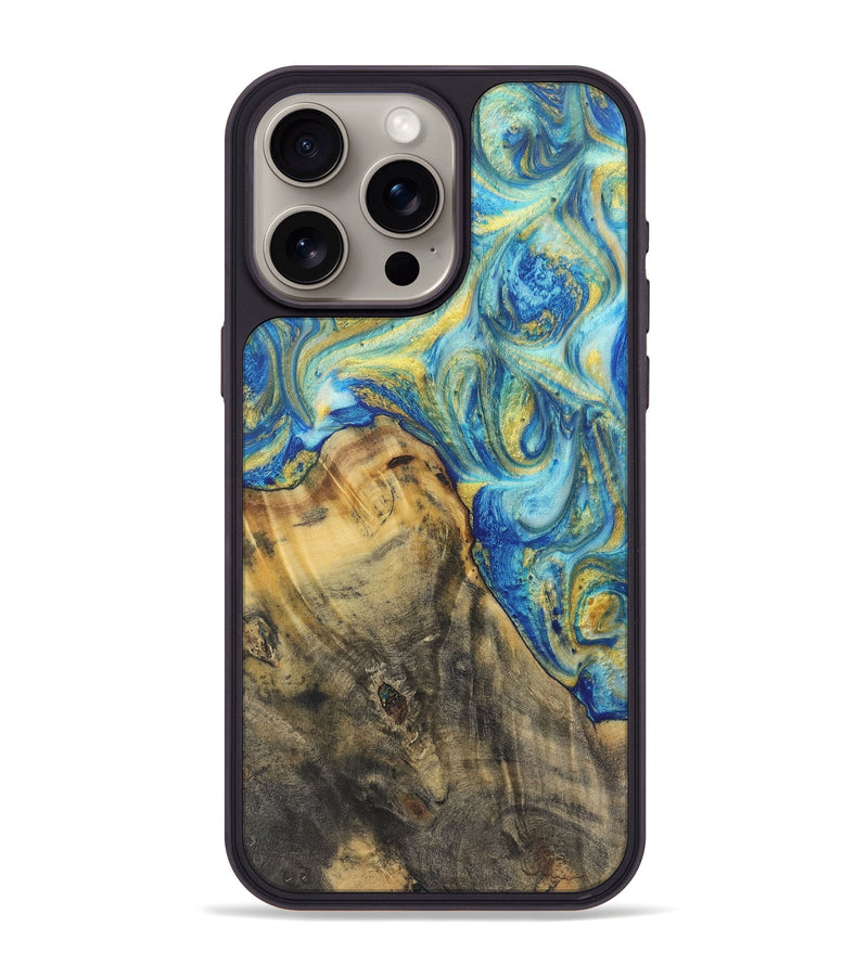 iPhone 15 Pro Max Wood Phone Case - Elise (Teal & Gold, 724780)