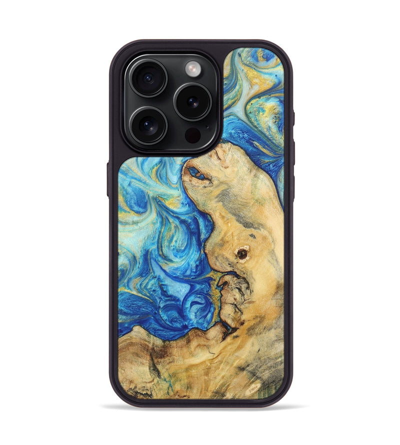 iPhone 15 Pro Wood Phone Case - Alyssa (Teal & Gold, 724785)