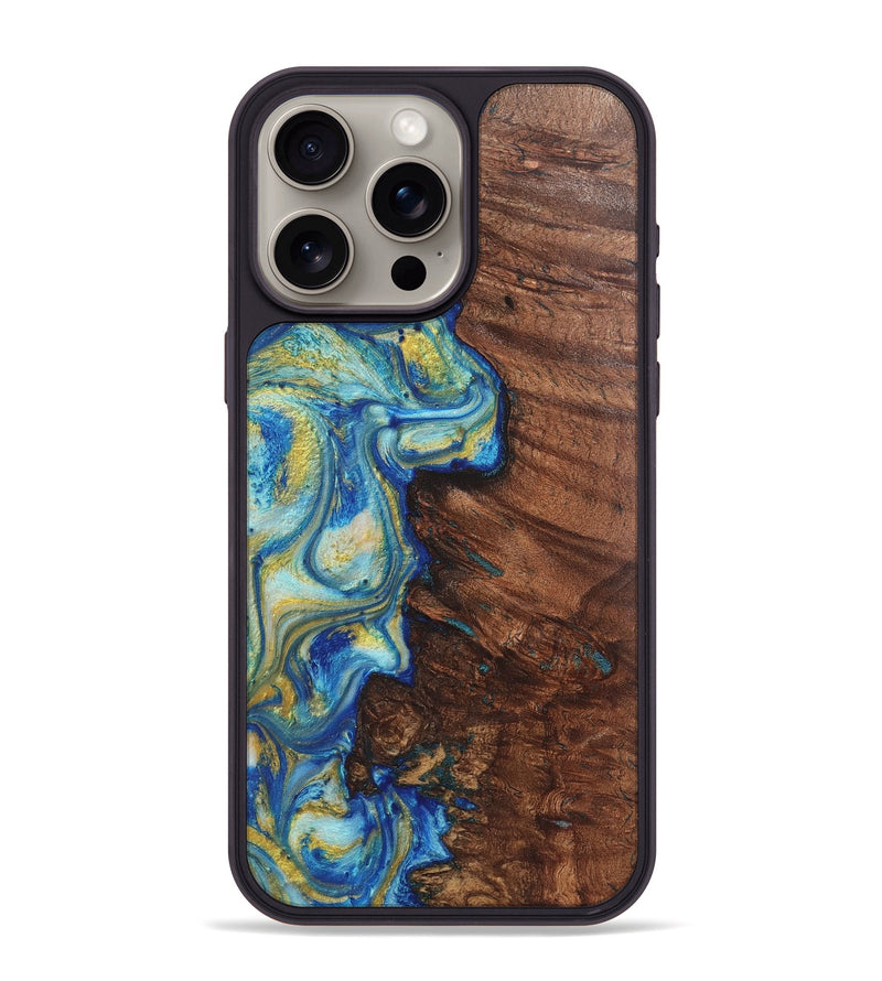 iPhone 15 Pro Max Wood Phone Case - Cedric (Teal & Gold, 724786)