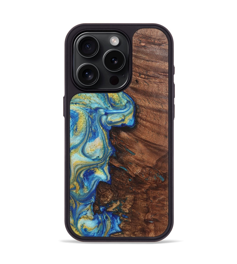 iPhone 15 Pro Wood Phone Case - Cedric (Teal & Gold, 724786)