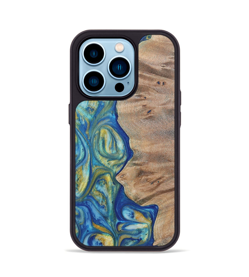 iPhone 14 Pro Wood Phone Case - Niko (Teal & Gold, 724787)