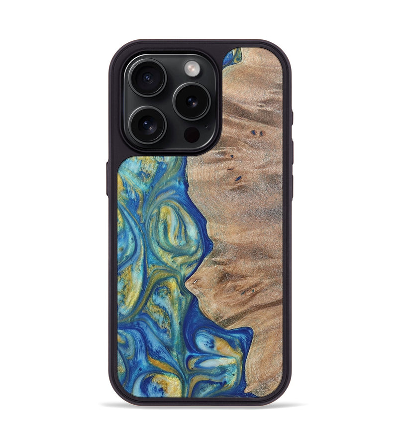 iPhone 15 Pro Wood Phone Case - Niko (Teal & Gold, 724787)