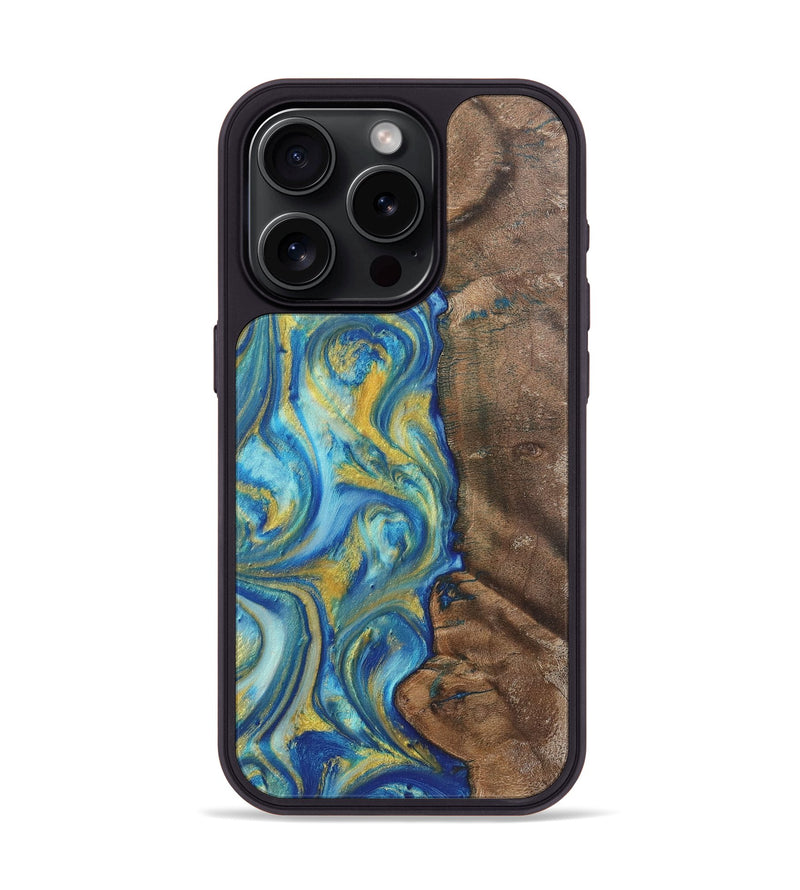 iPhone 15 Pro Wood Phone Case - Kay (Teal & Gold, 724788)