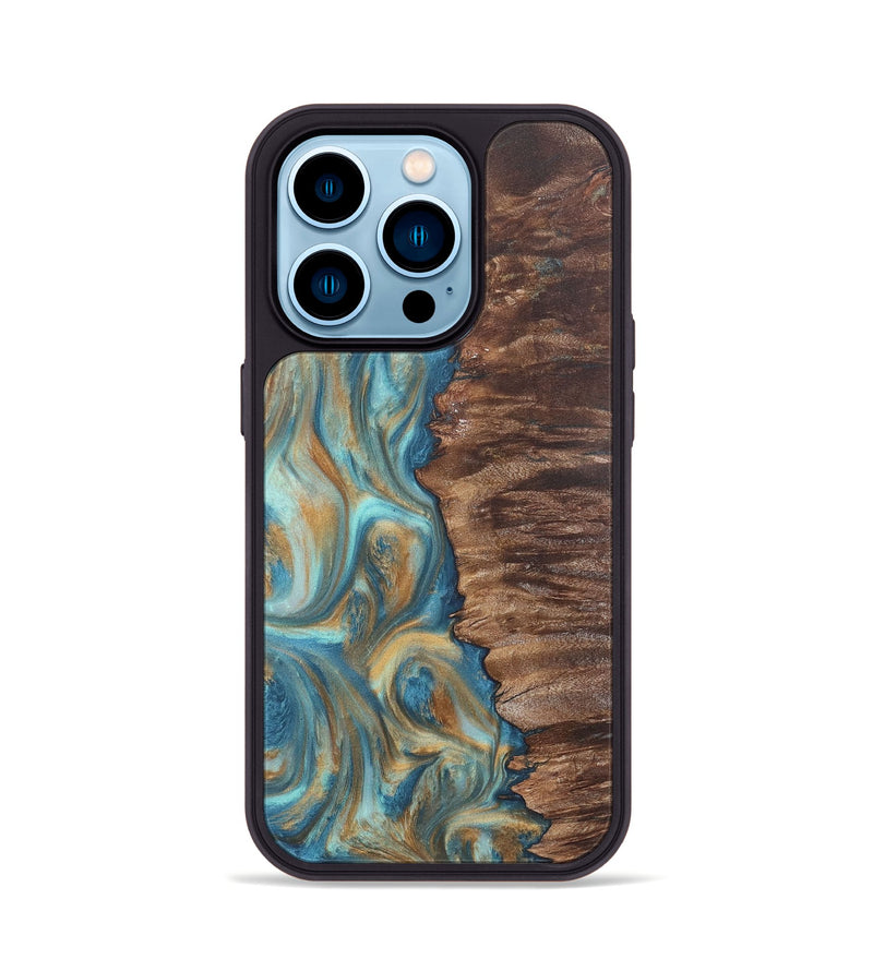 iPhone 14 Pro Wood Phone Case - Christy (Teal & Gold, 724792)